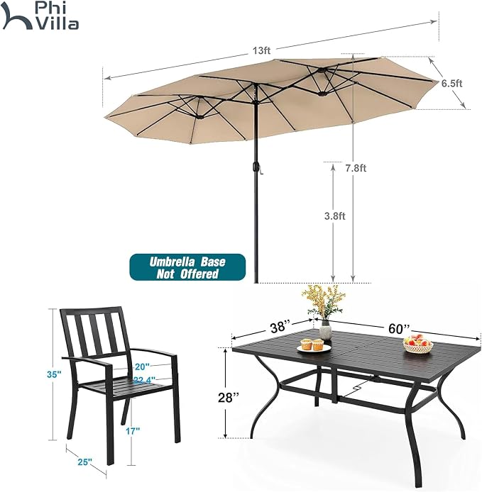 PHI VILLA 7 Pcs Patio Dining Set w/Umbrella, 6 Stackable Chairs | 60” Rectangular Metal Dining Table & 6 Stackable Metal Chairs & 13ft Large Beige Umbrella for Outdoor, Deck, Yard, Porch