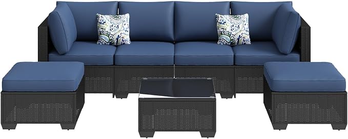 AECOJOY 7 Piece Outdoor Patio Furniture Set, Outdoor Sectional Conversation Furniture Chair with Coffee Table, Patio Sectional for Backyard, Garden(Navy Cushions and Black Rattan, with Cover)