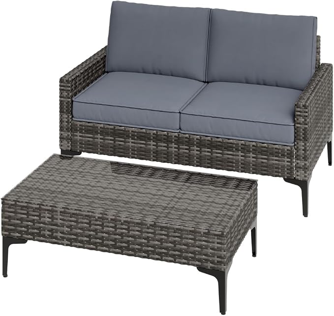 JOYURE 2 Pieces Patio Furniture Set,All Weather Rattan Loveseat with Tempered Glass Table for Porch,Deck,Backyard,Grey