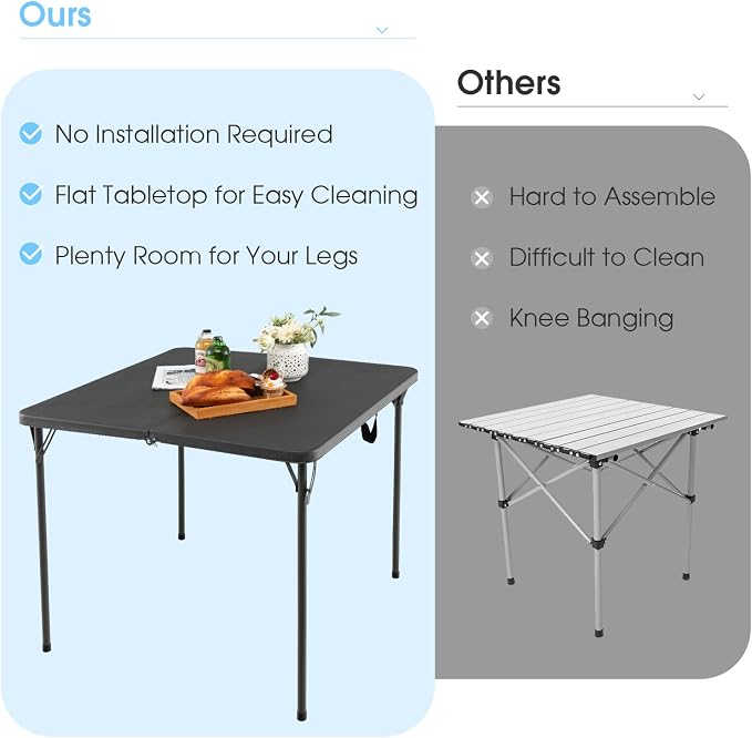 MEDIMALL Outdoor Folding Table, Fold-in-Half Utility HDPE Foldable Table with Metal Legs, Handle, Square Indoor Outdoor Collapsible Dining Table for Camping, Picnic, Party (Grey)