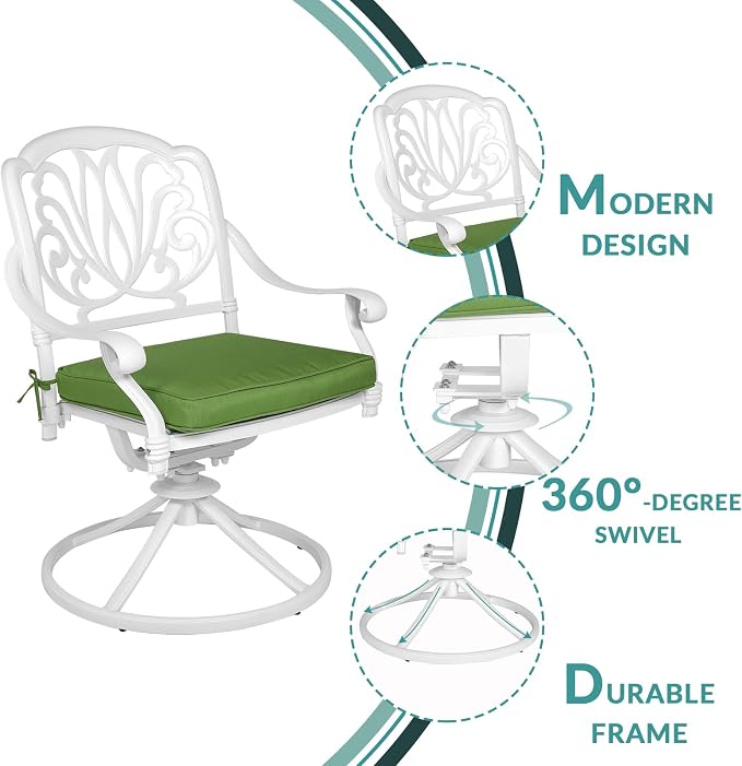 MEETWARM 5-Piece Outdoor Patio Dining Set, All-Weather Cast Aluminum Patio Conversation Set for Backyard Garden Deck with 4 Cushions Swivel Rocker Chairs and 38.5" Round Table, White