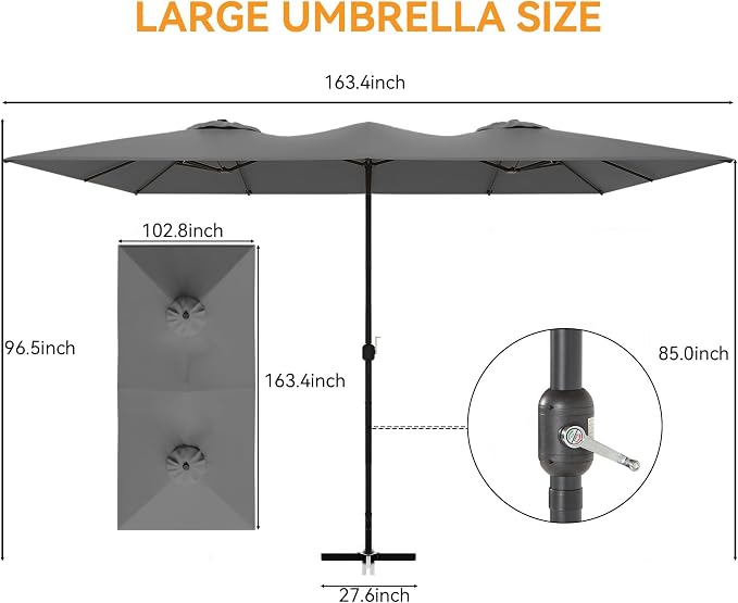 10 PCS Outdoor Patio Dining Set with 13.6ft Double-Sided Patio Umbrella,Patio Table and Chairs Metal Outdoor Patio Furniture Set,Dining Table Set with 8 Chairs,Grey
