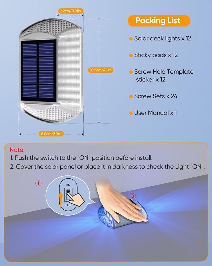 DetarZinLED Blue Solar Dock Lights for Outside IP68 Waterproof Led 12 Pack | Sturdy PC Shell, Stick on & Screw Mount, Markers Light for Outdoor Deck, Driveway, Step, Walkway, Path, Sidewalk, Patio, pool
