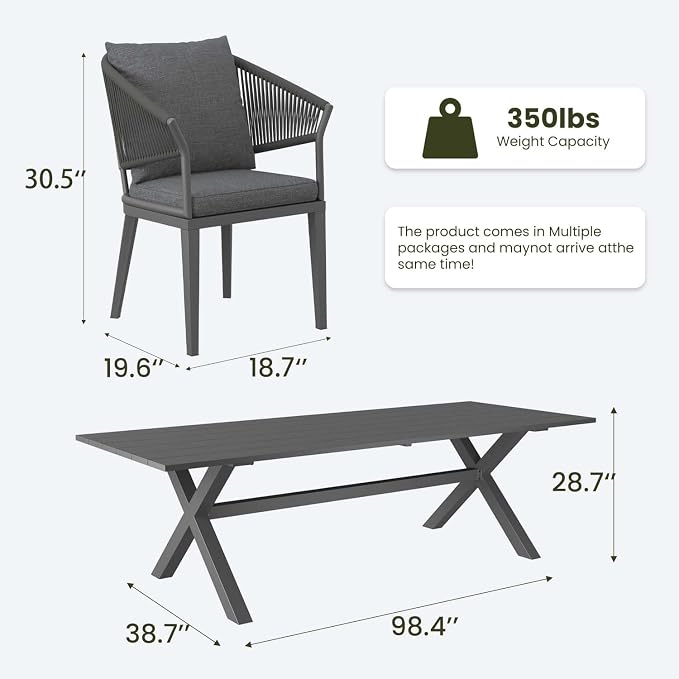 LayinSun 9 Piece Outdoor Dining Table Set, Aluminum Modern Rectangular Dining Table and All-Weather Wicker Chairs Set for Patio Deck Indoor Decor Kitchen