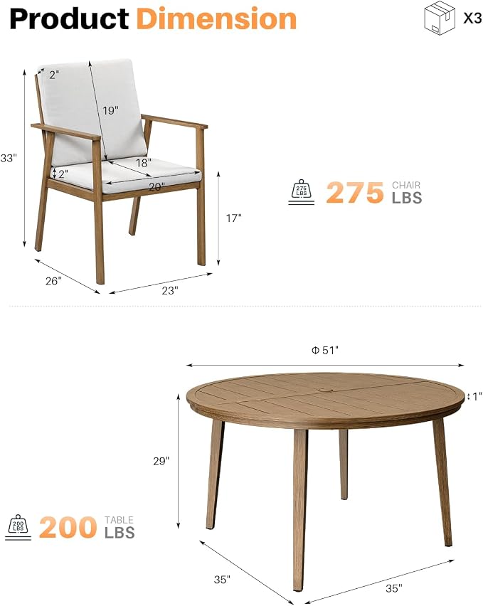 7 Pieces Teak Round Outdoor Dining Table Set, 51" Round Dining Table with 6 Dining Chairs, Never-Rust Aluminum Patio Furniture Set, Outdoor Round Dining Set w/Umbrella Hole for Garden, Indoor