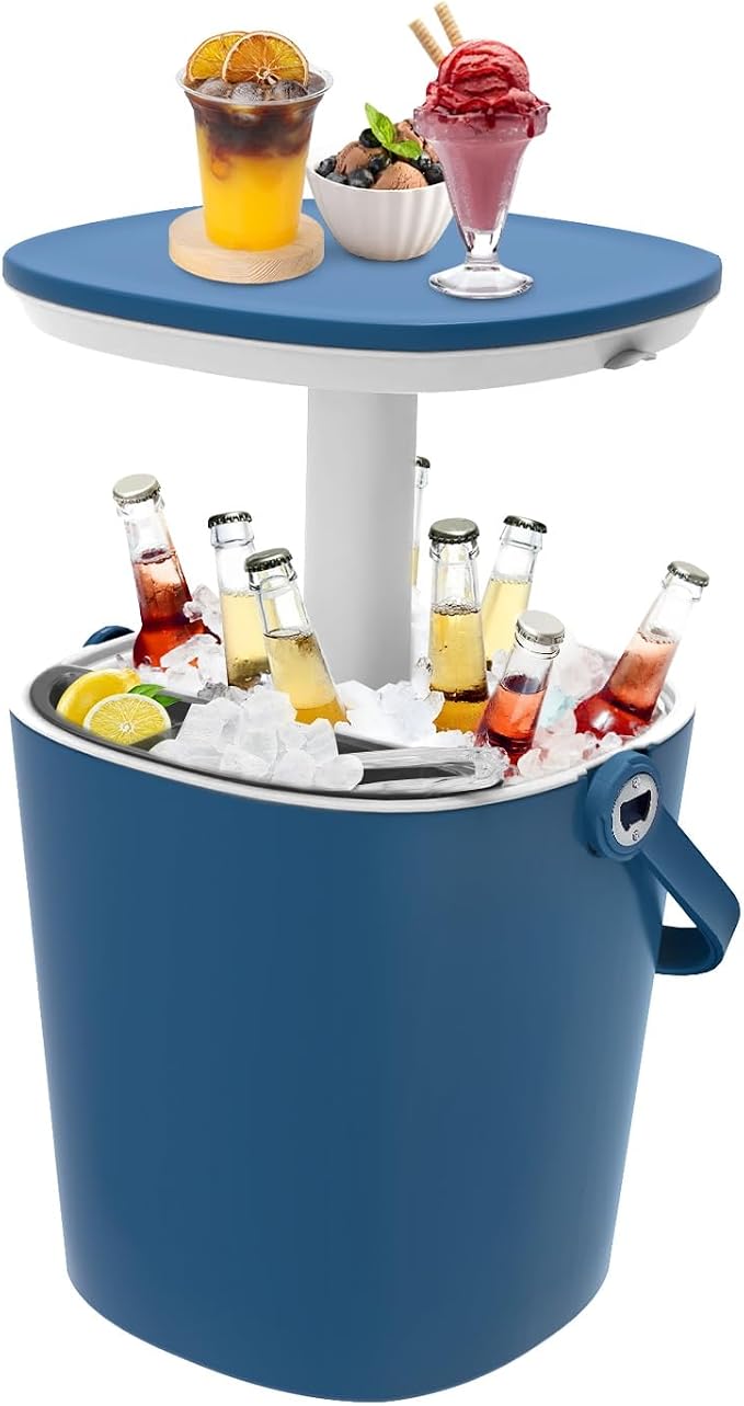Portable Outdoor Ice Cooler Bar, 15-Can Blue Multifunctional Side Table with Snack Tray, Hidden Bottle Opener & Food Clips, Lightweight for Indoor/Patio Use, Camping, Poolside, Party