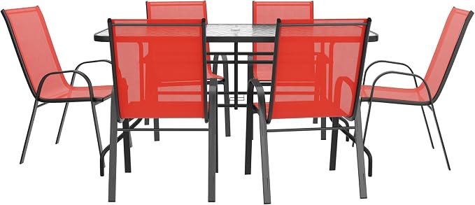 EMMA + OLIVER Seven Piece Indoor/Outdoor Dining Set - Metal Table with Tempered Glass Top - Six Red Flex Comfort Chairs- Umbrella Hole - All Weather