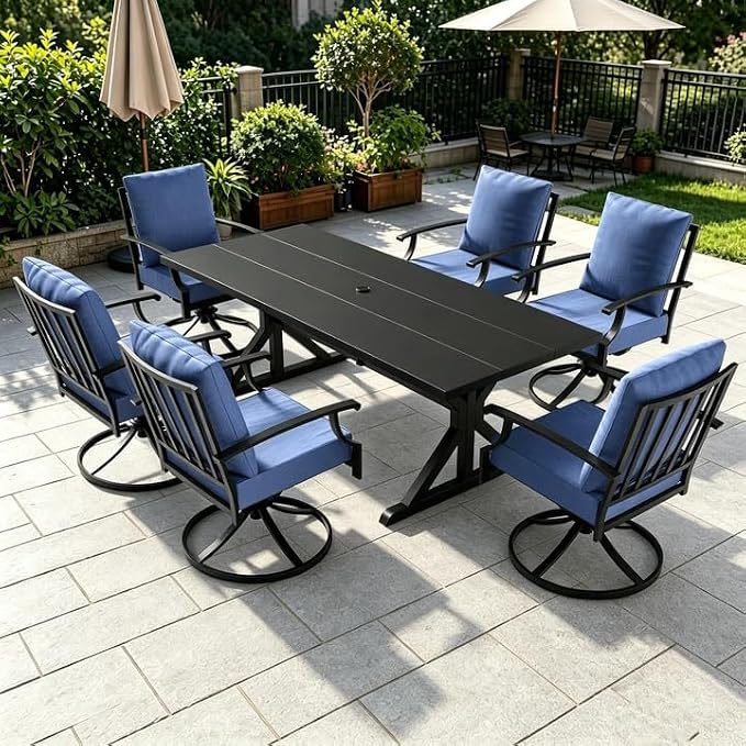 ALAULM 7-Piece Patio Dining Set,Outdoor Metal Dining Set with 6 Swivel Chairs & Rectangle Table with 1.5 Umbrella Hole, Patio Dining Table and Chairs for Backyard,Navy