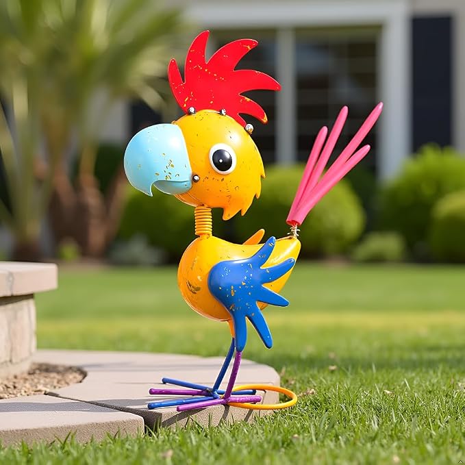 Metal Rooster Garden Statue for Outside, Patio, Law | 15'' Rooster Decor Outdoor Statue, Chicken Yard Art Lawn Deco, Unique Present, for Woman, Garden Lovers
