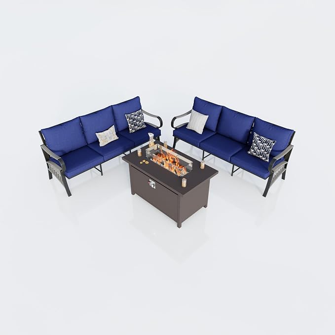 Outdoor Furniture Set, Patio Conversation Set Include 2 x 3-Seater and Fire Pit Table for Deck, Porch, Garden, Backyard, Poolside (Blue, 3-Piece)