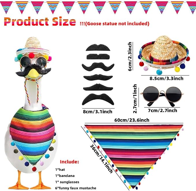 9pcs Mexican Porch Goose Outfit,Lawn Goose Statue Costume | for 17"/23" Statue Patio Lawn Garden Decoration,with Mexican Sombrero Bandana Scarf Beard Glasses