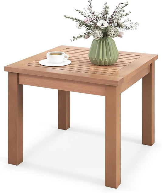 HAPPYGRILL Outdoor Side Table Eucalyptus Wood Square End Table, Wood Patio Table with Slatted Tabletop for Backyard Poolside Porch