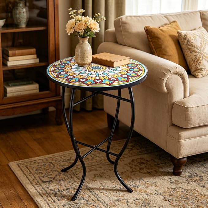 Mosaic Outdoor Side Table Small Round Patio Table Plant Stand | 21" Accent End Table with 14" Ceramic Tile Top for Small Spaces Porch Pool Garden Decor Indoor Living Room Bedroom Balcony