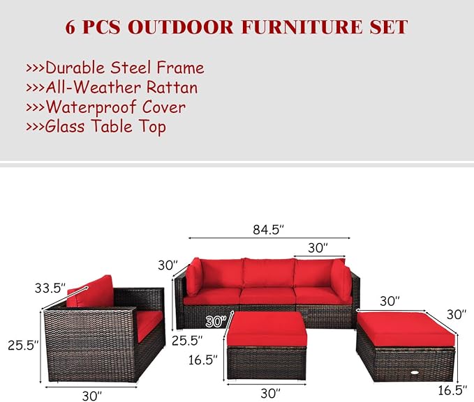 Tangkula 6 Pieces Wicker Patio Furniture Set, PE Rattan Outdoor Sectional Conversation Set with Glass Coffee Table & Ottoman, Wicker Sofa Set with Cushions for Yard Garden, Deck, Porch (Red)