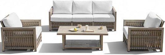 4-Piece Patio Furniture Set, Aluminum Outdoor Patio Conversation Set with Washable Cushions, Rope Weave Outdoor Furniture Sofa Set with Coffee Table for Deck, Poolside, Backyard, Gray Oak