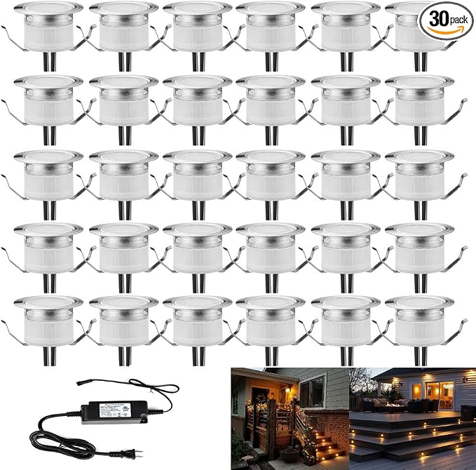 Low Voltage LED Deck Light, 30pcs Φ1.22 Recessed Warm White | IP67 Waterproof Outdoor, 0.6W per Light, for Garden Yard Pathway Patio Step Stairs Decor