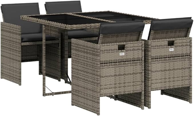 5 Piece Patio Dining Set with Cushions Gray Poly Rattan Outdoor Table and 4 Folding Chairs Tempered Glass Top Weather Resistant for Garden Backyard Deck Entertaining