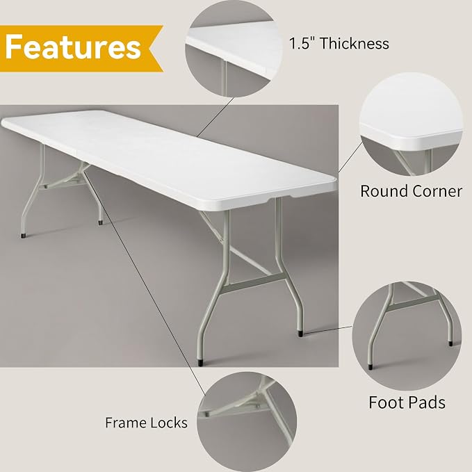 DWVO 8FT Folding Tables, Heavy Duty 8ft White Folding Table with Carrying Handle, Portable Plastic Fold in Half Table for Outdoor Camping Picnic Parties Indoor Events, White