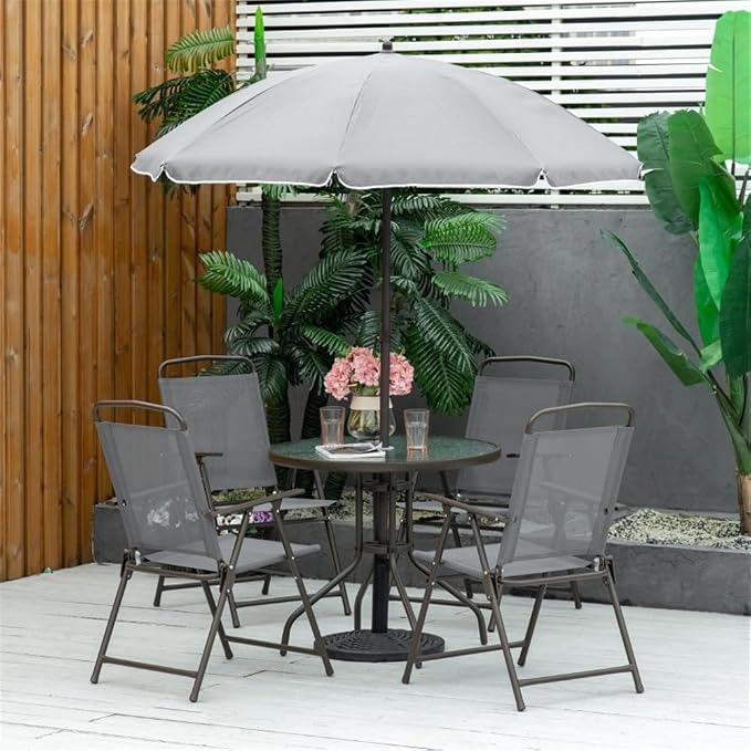 Gray Outdoor Dining Table and Chair Set with Umbrella, Patio Furniture Set for Backyard Garden, Patio Dining Set, Outdoor Furniture Set, Garden Table Set, Backyard Dining Set, Garden Table and Chairs