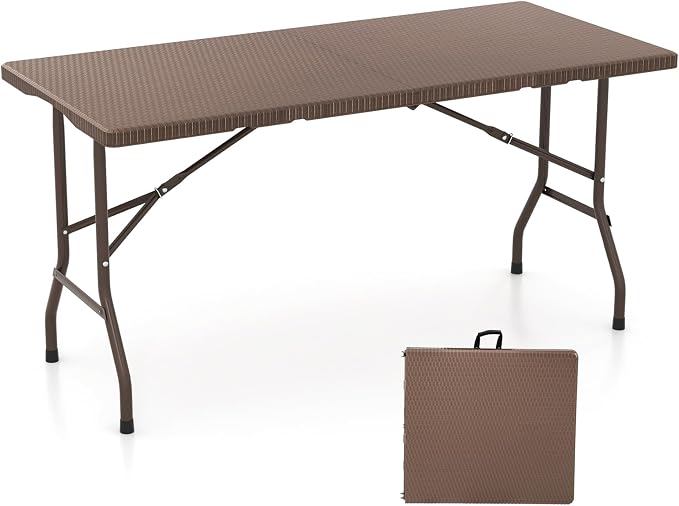 Giantex 5 FT Folding Table, HDPE Foldable Dining Table for 6, Indoor Outdoor Use for Party Banquet Wedding Picnic Camping BBQ, Fold-in-Half Portable Space Saving Design (Brown)