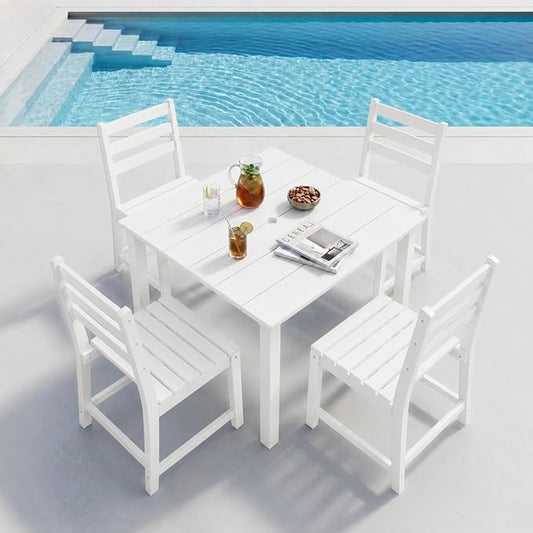 HDPE Outdoor Dining Set for 4, Square Table and Chairs, White | All-Weather HDPE, Wood Grain Finish, 42.5" Square Table, Built-In Umbrella Hole, Seats 4, Patio & Poolside Ready