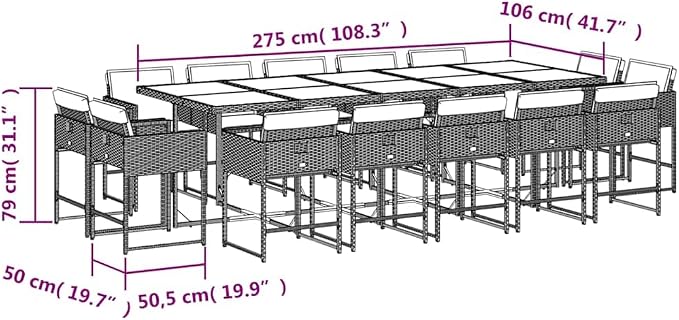 15 Piece Patio Dining Set with Cushions Gray Poly Rattan Outdoor Furniture Table and 14 Chairs for Backyard Garden Deck Entertaining UV Proof Glass Top