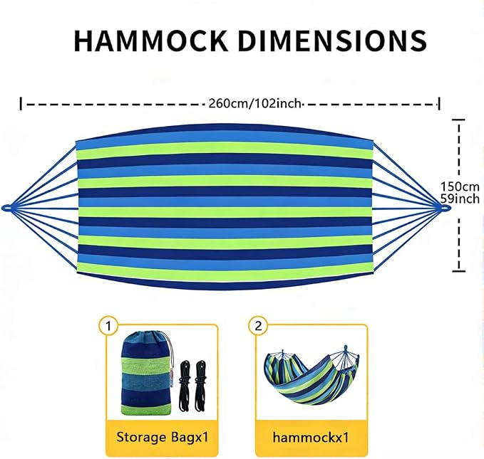 Cotton Canvas Hammock with Tree Straps - Portable Hammock for Outdoor Indoor Patio Backyard, Camping Hammock with Carry Bag, 440lbs Capacity, Without Stand(Blue, Without bar)