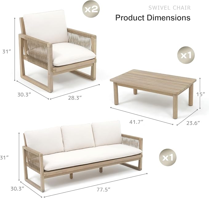 SUNSITT 4-Piece Acacia Wood Patio Furniture Set, Outdoor Conversation Sofa Set with 3-Seat Sofa, 2 Rope Woven Outdoor Club Chairs & Slatted Coffee Table, Cream White Cushions for Porch, Backyard, Deck