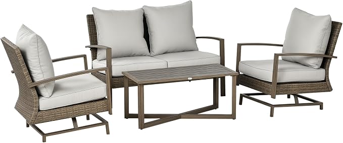 Outsunny 4 Piece Wicker Patio Furniture Set with 2 Rocking Chairs, Loveseat Sofa, Outdoor PE Rattan Conversation Set with Cushions, Aluminum Table for Porch, Poolside, Light Gray