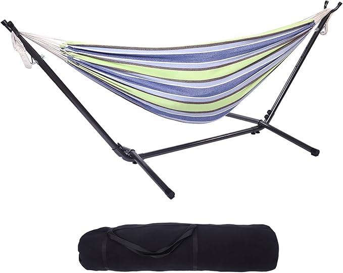 Hammock with Stand, Heavy Duty Hammock with Carrying Bag, Polyester Outdoor Hammocks for Outside Backyard, Camping, Garden, Yard, Patio, 250 lbs Weight Capacity (Green Stripes)