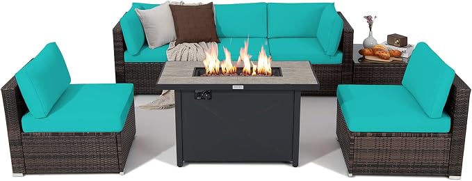 Tangkula 7 Piece Patio Furniture Set with Fire Pit Table, Includes 42 Inches 60,000 BTU Propane Rectangle Fire Pit Table and Protective Cover, Outdoor Cushioned Sectional Sofa Set for 5 (Turquoise)