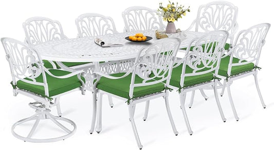 9-Piece Patio Dining Set, Outdoor Patio Table and Chair Set of 84” Oval Cast Aluminum Dining Table with Umbrella Hole, 6 Stationary, 2 Swivel Rocker Chairs, Patio Funiture Set, White