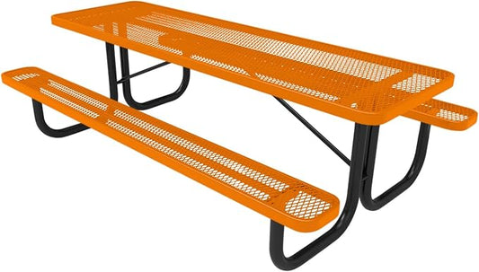 COATEDOUTDOORFURNITURE Heavy-Duty Portable Outdoor Picnic Table, Thermoplastic Coated Expanded Metal Commercial-Grade Patio Dining Furniture Made in America (8ft Rectangular, Orange)