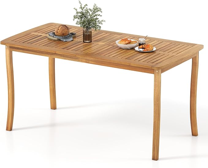 HAPPYGRILL Outdoor Acacia Wood Dining Table for 4-6 People, Patio Furniture Table with Umbrella Hole & Cover, 63” Slatted Tabletop, for Backyard, Patio, Deck, Porch