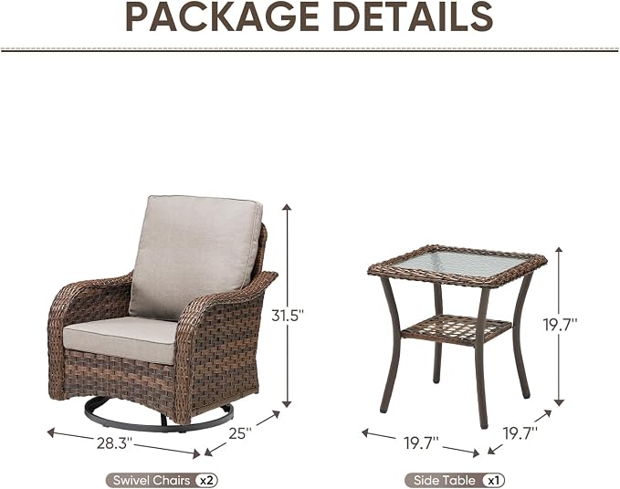 Patio Wicker Swivel Chairs -3 Piece Outdoor Swivel Rocking Chairs with Rattan Side Table, Ergonomic Design for Porch, Deck, Balcony, Garden, and Backyard(Beige)