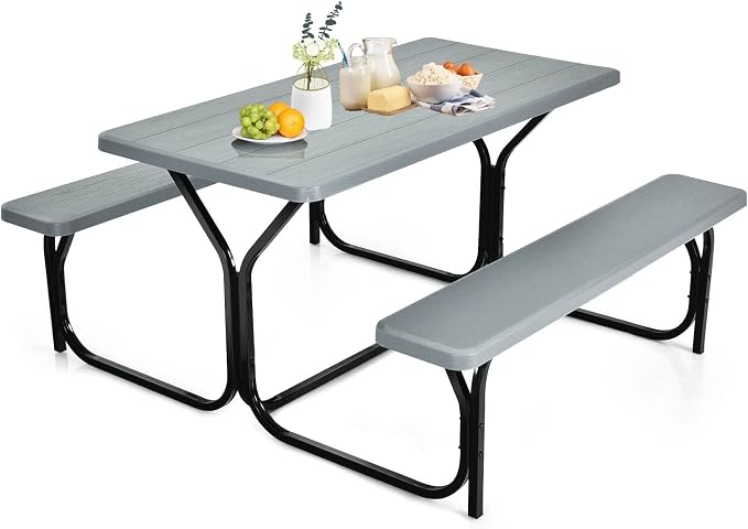 ORALNER Picnic Table, Resin Dining Table & 2 Benches Set, Weather Resistant Wood Grain Plastic Tabletop & Steel Frame, Picnic Tables for Outdoors, Porch Yard Patio Lawn Party Camping (Grey)