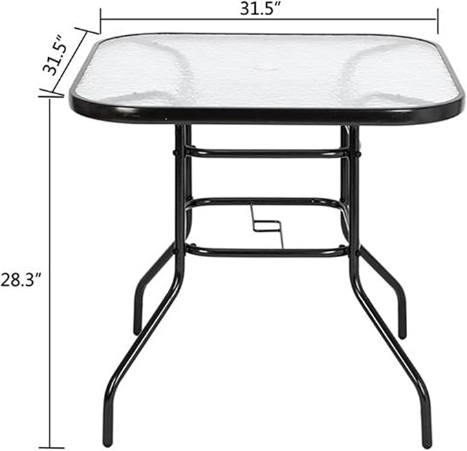 31.5" Square Outdoor Dining Table, Toughened Glass Patio Table with Umbrella Hole for Yard and Garden