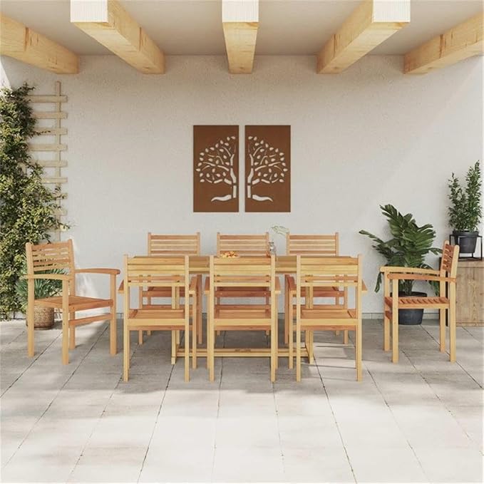 Afuera Living Contemporary Solid Teak Wood Garden Dining Set, Brown Finish, Weather-Resistant, Durable 8-Seater Patio Furniture with Spacious Table and Chairs, Modern Style for Outdoor Dining or