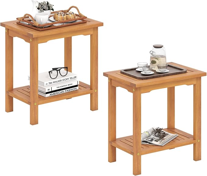 HAPPYGRILL Acacia Wood Patio Side Table, 2-Tier Accent Table with Slatted Tabletop & Storage Shelf, Wooden End Table for Living Room Poolside Balcony Porch (2)