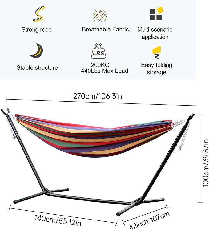 Portable Hammock with Stand for Outside, Heavy Duty Hammock 2 Person,Easy Assembly,440lbs Weight Capacity, Outdoor Double Hammocks for Patio, Garden, Backyard & Beach,Includes Carry Bag (Red)