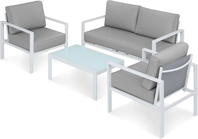 Athena Collection 4 Pieces Outdoor Patio Furniture Set, Metal Outdoor Table and Chairs Loveseat with Cushion, Patio Sofa Conversation Set Balcony Furniture for Garden, Porch, Backyard, Grey