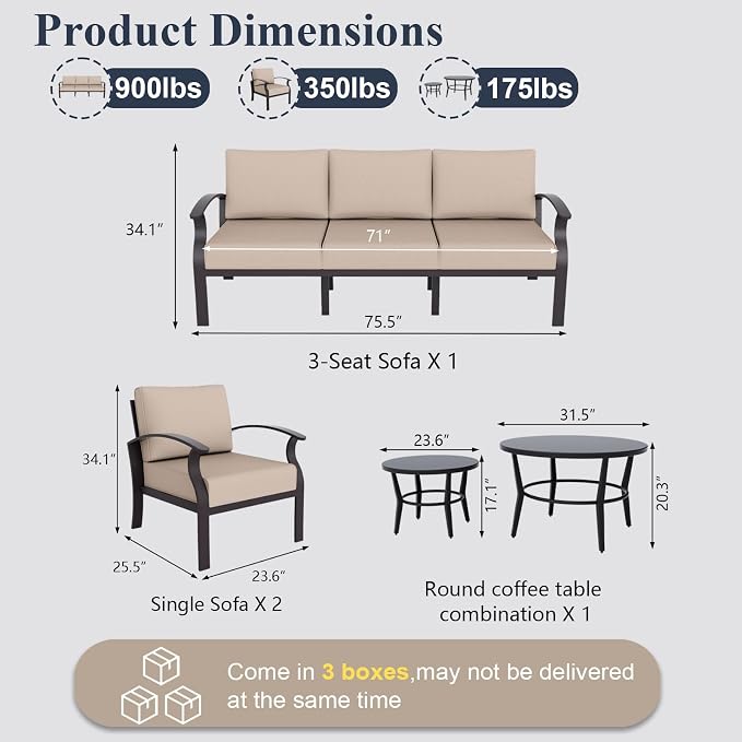 ALAULM Aluminum Patio Furniture Set with Round Coffee Tables, 5-seat Outdoor Sectional Furniture w/5.1" Cushions, Patio Conversation Set for Porch, Backyard, Poolside-Sand