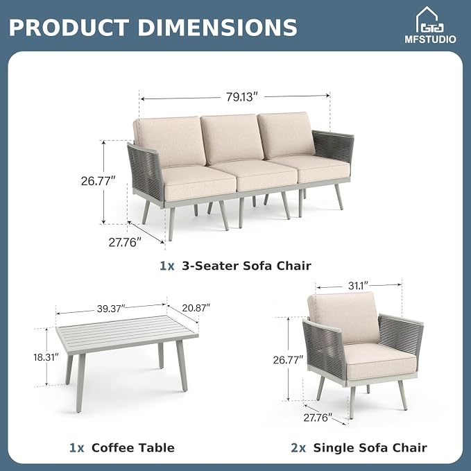 MFSTUDIO 6 Pieces Metal Patio Furniture Sets with Detachable Rope Rattan Armrest, 5 Seats Steel Outdoor Conversation Set All Weather Patio Sectional Couch with Coffee Table for Garden, Beige Cushion