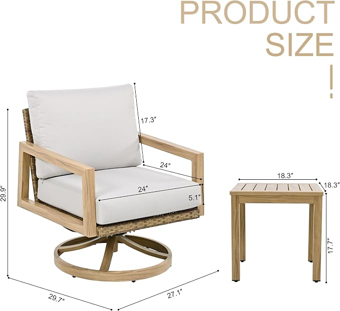HAPPATIO 3-Piece Patio Swivel Chair - 2 Aluminum Outdoor Bistro Set with Wicker Backrest and Woodgrain-Textured Side Table, Rustic Outdoor Conversation Set with Cushions for Garden Balcony Deck Porch