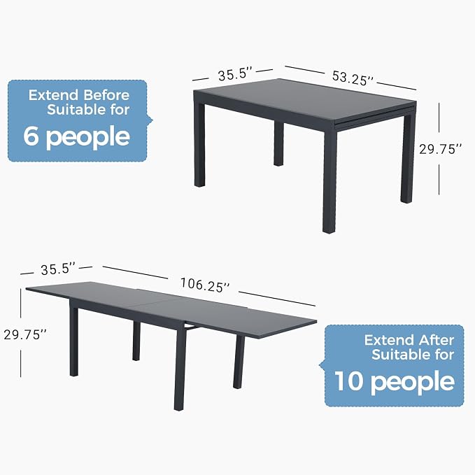 Grand patio 5-Piece Expandable Table Dining Set for 6 to 10, Aluminum Outdoor Dining Table with Glass Tabletop, Metal Woven Wicker Fixed Patio Chairs with Cushions for Yard, Poolside, Deck (Brown)