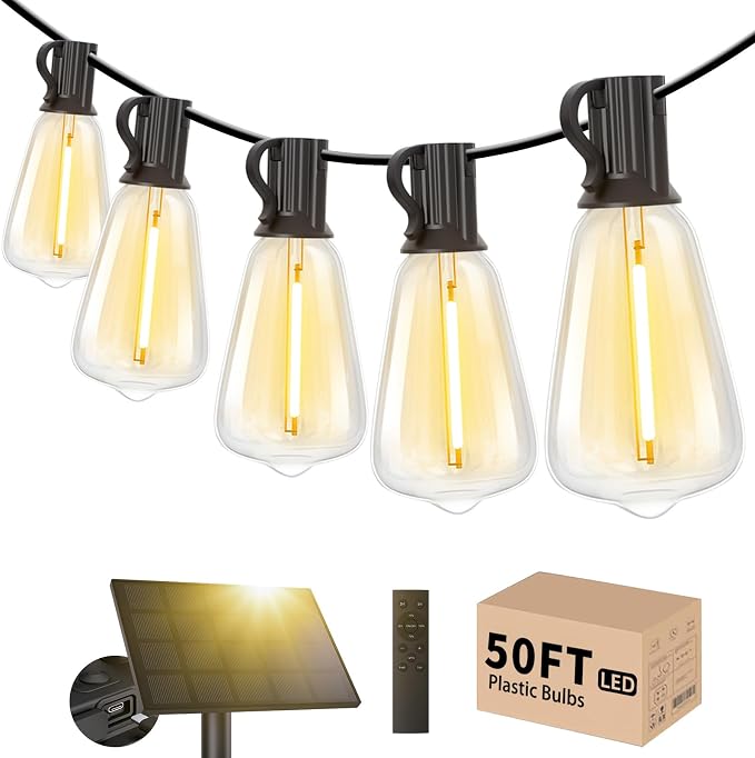 Svater 50FT Solar String Lights Outdoor with Remote, ST38 Patio Light with 19 LED Dimmable Shatterproof Bulbs, Solar Powered String Lights Waterproof for Cafes, Gardens, Bistro Warm White