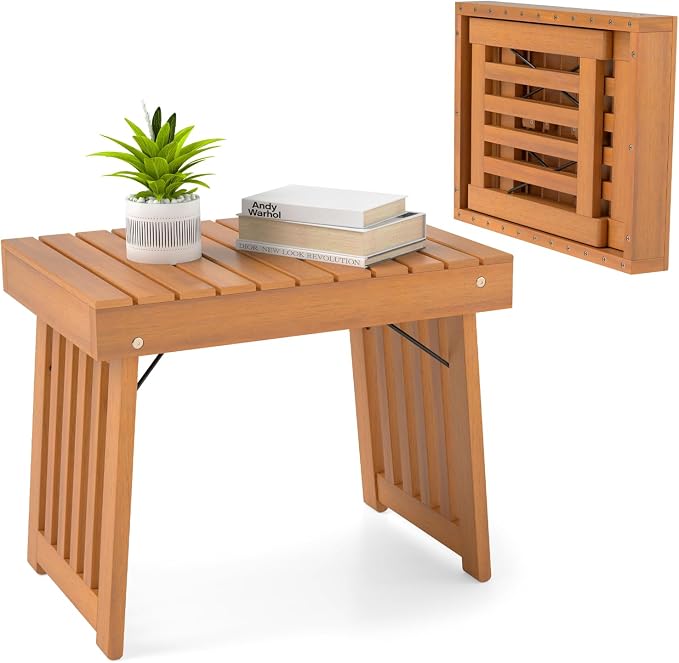 RELAX4LIFE Folding Outdoor Side Table - Acacia Wood Portable Patio End Table w/Slatted Tabletop, Outside Wooden Coffee Table for Backyard Balcony Porch Poolside Garden, Foldable Small Patio Table (1)