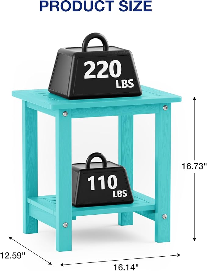 YEFU Outdoor Side Table for Patio: 16" HIPS Weather - Resistant Adirondack Tables Set of 2 - Small Square End Table for Backyard Living Room Bedroom - Indoor Outdoor Double Layer Table Aruba