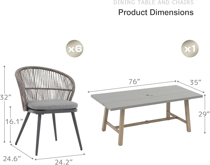 SUNSITT 7 Piece Outdoor Patio Dining Set, Patio Dining Furniture Set with 76” Aluminum Dining Table w/Umbrella Hole and 6 Woven Wicker Outdoor Patio Chairs w/Removable Cushions for Garden, Dark Grey