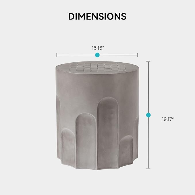 COSIEST Outdoor Side Table, 16.9" Modern Concrete End Table w Chessboard for Patio,Lightweight Round Outside Accent Table & Plant Stand for Garden, Porch, Deck, Balcony，Grey